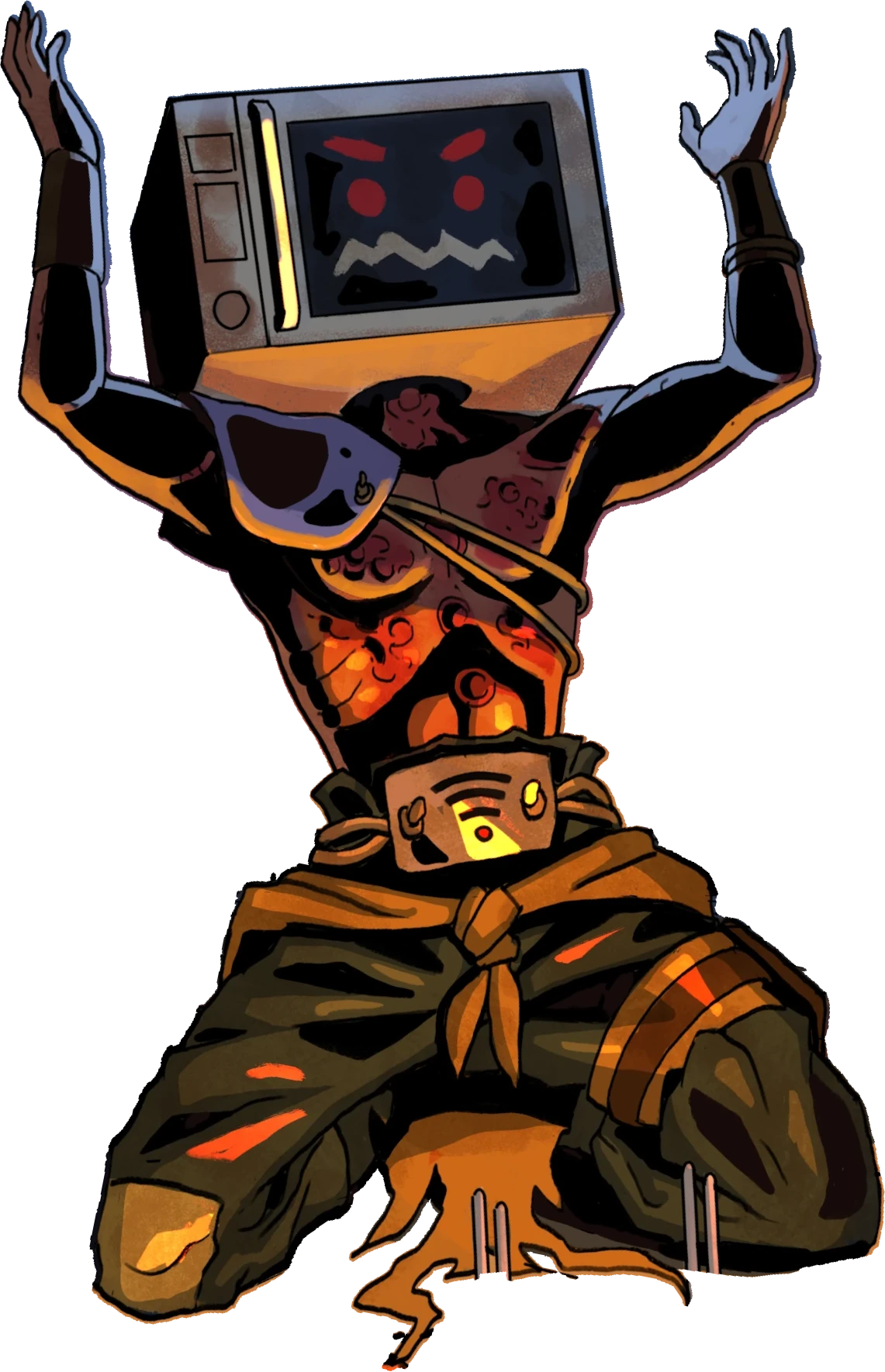 A raider wearing a microwave for a helmet