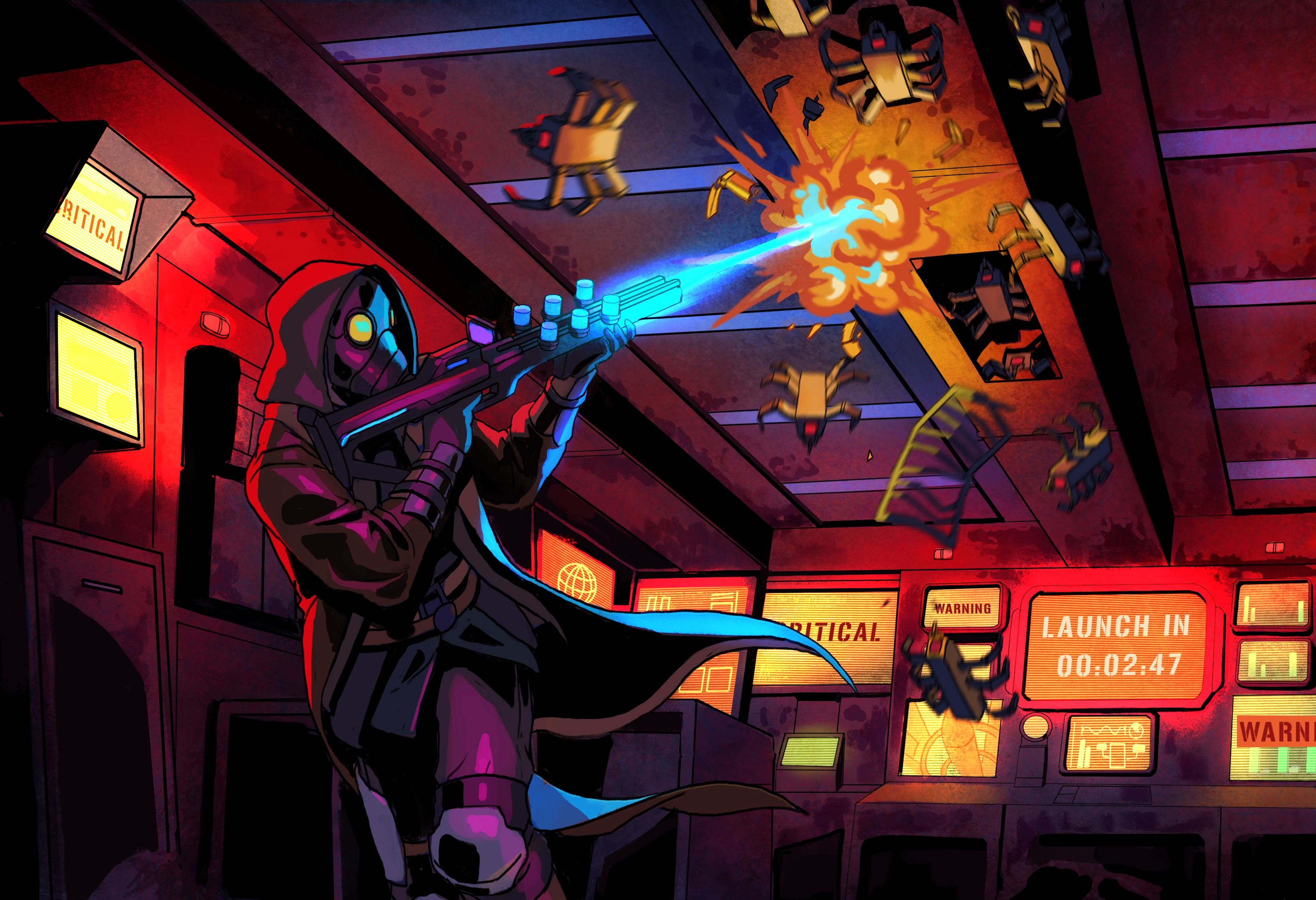 Illustration of a scav in some underground military bunker, fighting some security robots. A screen in the background reads 'Launch in 02:47'