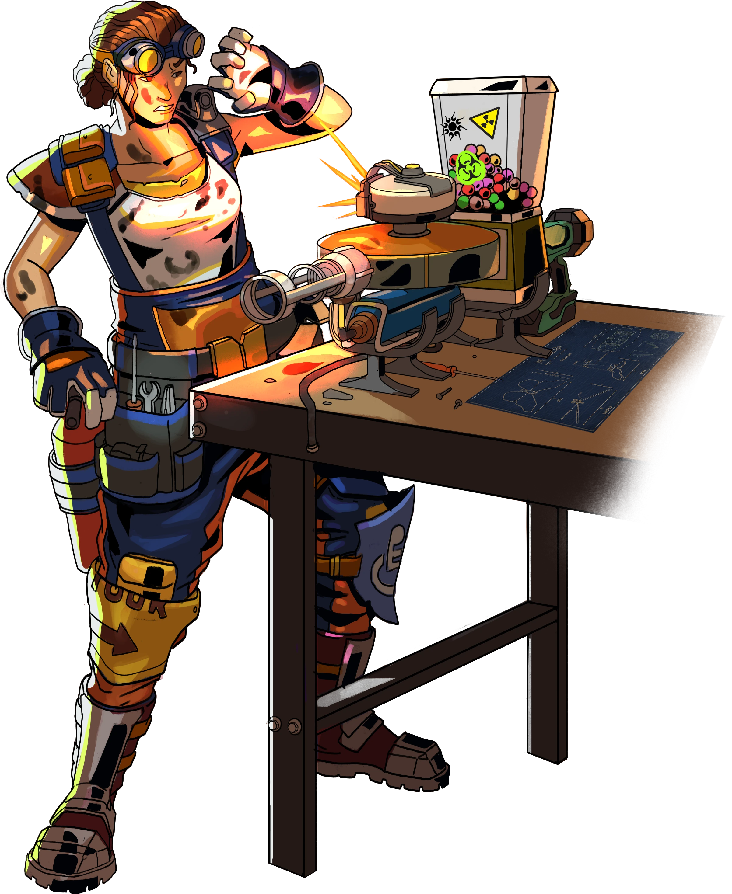 A tinkerer working on a new invention that's catching on fire. She already has her hand on a fire extinguisher.